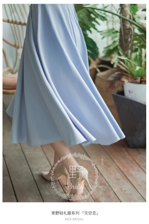 Crystal Blue Cold Shoulder Spaghetti Strap Button Decor High Waist Chiffon Bridesmaid Dress