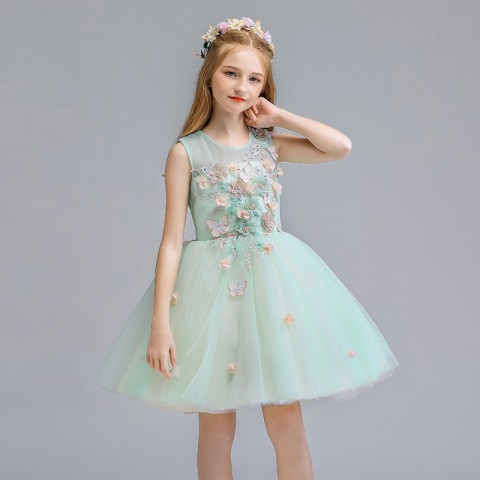 Light Green Round Neck Sleeveless Beaded Flowers Shape Decor Tulle Skirt Girls Pageant Dresses