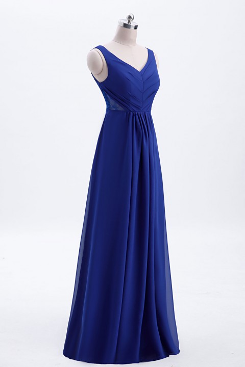 Elegant V-Back Chiffon Tank Bridesmaid Dress with Mesh Lace Inset