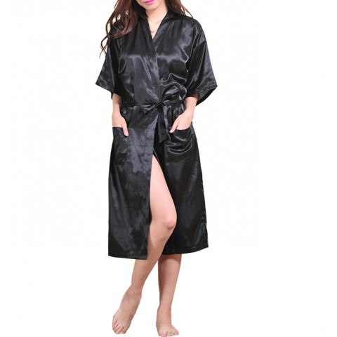 Hot Drilling Tied Waist Silk Bridesmaid Robe with Pockets