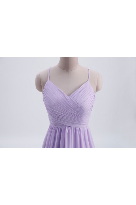 Spaghetti Straps Pleated Chiffon Bridesmaid Dress with Lace Open Back