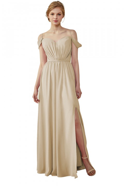 A-Line Cold Shoulder Spaghetti Straps Chiffon Bridesmaid Dress with Side Slit