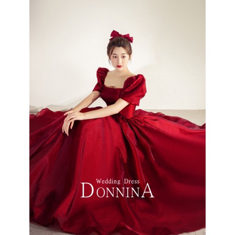 Classic Burgundy Square Neck Puff Sleeves Satin Party Dress