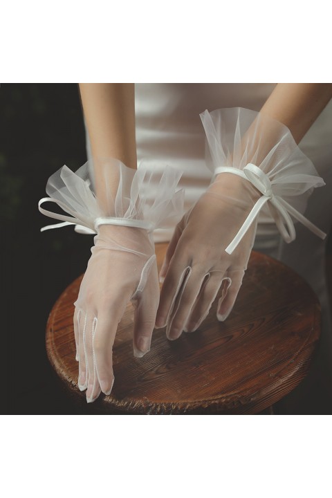 White Lace Bow Decor Straps Thin Tulle Wedding Bridal Gloves