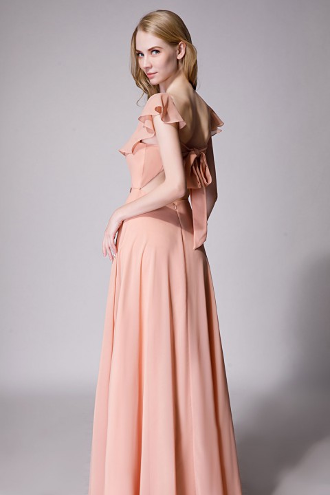 V Neck Cascading Ruffles Sleeve Bow Back Bridesmaid Dress 