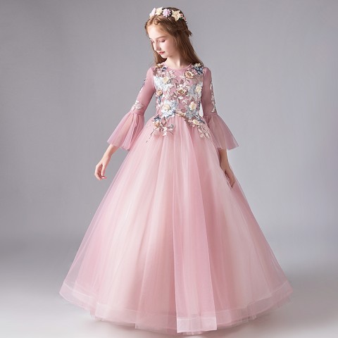 Round Neck Long Puff Sleeve Lace Flowers Embroidery Decor Tulle Skirt Girls Pageant Dresses