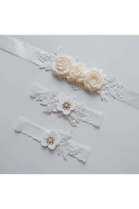 Floral Lace Pearl Crystal Bridal Belt Garters Set