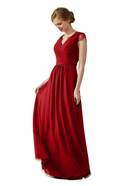 Lace Cap Sleeves  V-Neck Lace Back Closure with Keyhole Bridesmaid Dress