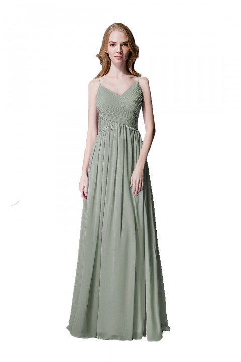 Spaghetti Straps Pleated Chiffon Bridesmaid Dress with Lace Open Back