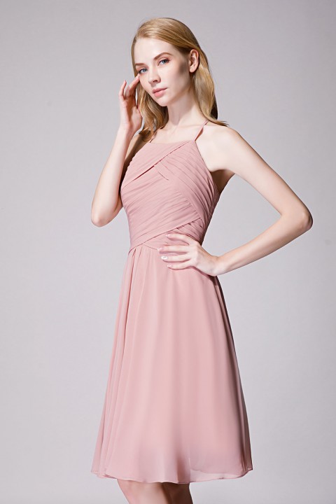 Elegant Halter Tea Length Pleated Chiffon Bridesmaid Dress with Tie Back