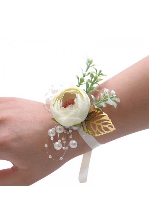 Artificial Flower Leaf Pearl Wrist Corsage