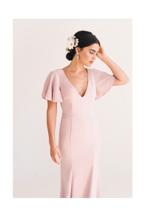 Light Pink Double Deep V Neck Short Sleeves Luxe Satin Bridesmaid Dress