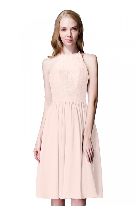 Illusion High Neck Halter Lace Short Bridesmaid Dress with Tie Detail