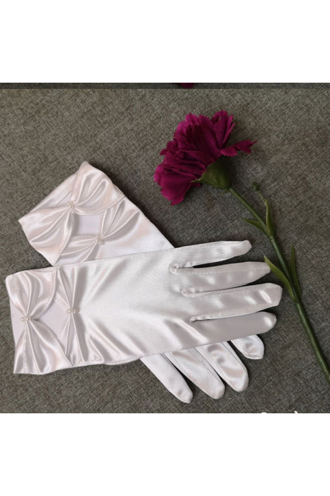 White Satin Pearl&Bow Decor Bridal Gloves