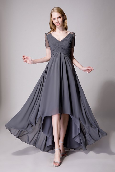 Clearance | Criss Pleated V-neck High-low Chiffon Bridesmaid Dress with Illusion Sleeves