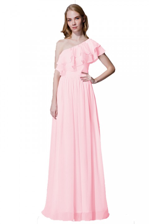 Asymmetrical One-Shoulder Flounce Chiffon Bridesmaid Dress Long