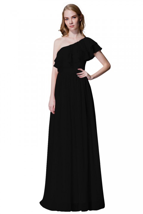 Asymmetrical One-Shoulder Flounce Chiffon Bridesmaid Dress Long