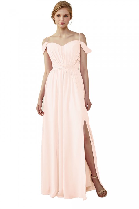 A-Line Cold Shoulder Spaghetti Straps Chiffon Bridesmaid Dress with Side Slit