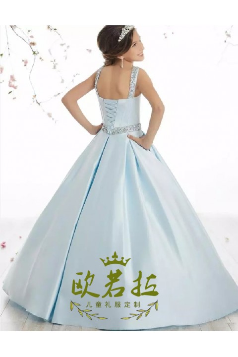 Luxury Straps Sequins Decor Satin Skirt Junior Bridesmaid Dresses