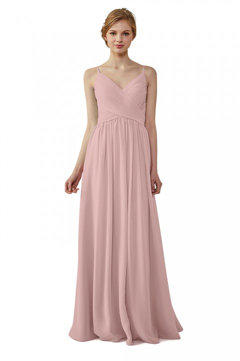 Spaghetti Straps Pleated Low V Back Bridesmaid Dress