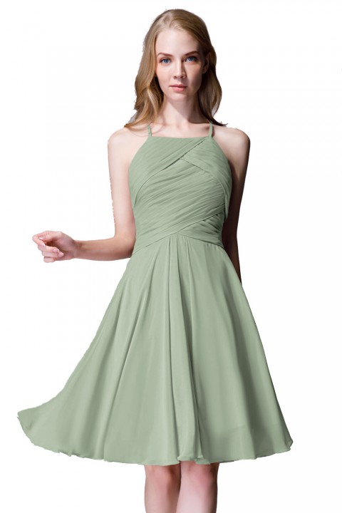 Elegant Halter Tea Length Pleated Chiffon Bridesmaid Dress with Tie Back