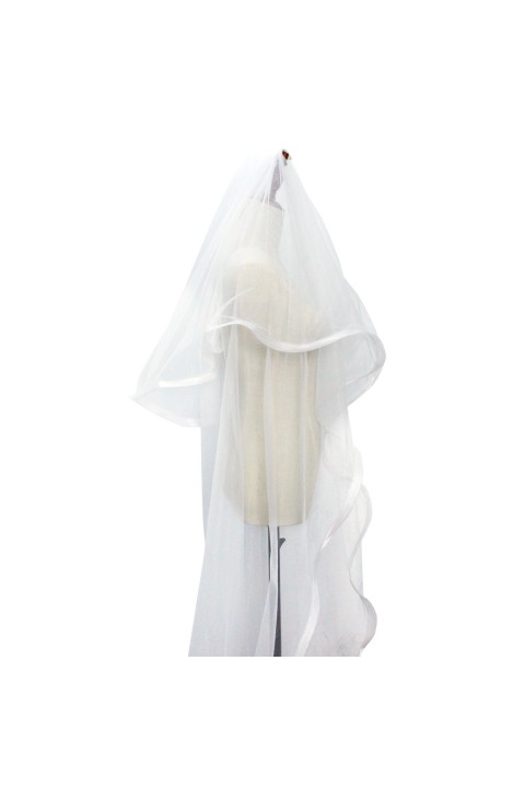 White Double Long Trailing Wedding Bridal Veil With Elastic Mesh Wrapped Edge