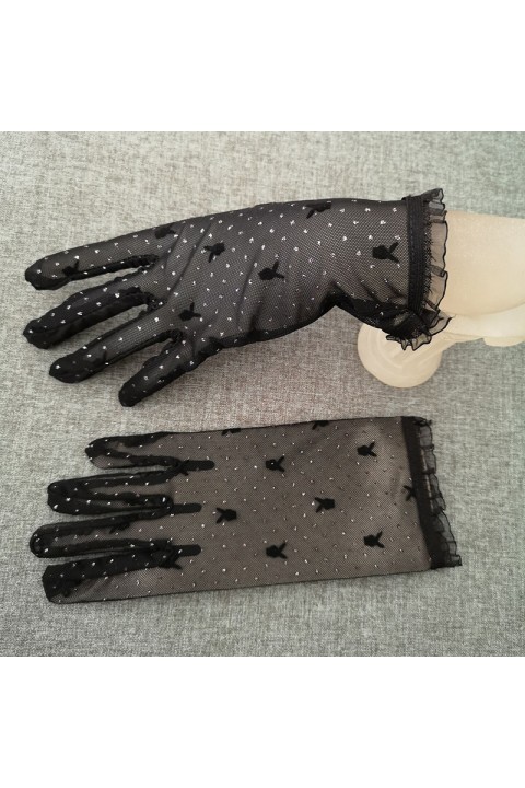 Black Vintage Sequins Decor Lace Wedding Bridal Gloves