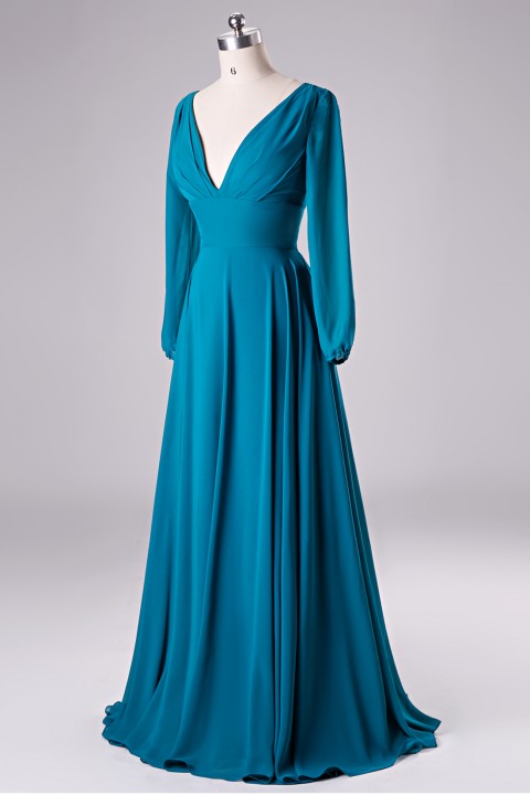 Deep V Neck & Back Long Sleeves Chiffon Bridesmaid Dress