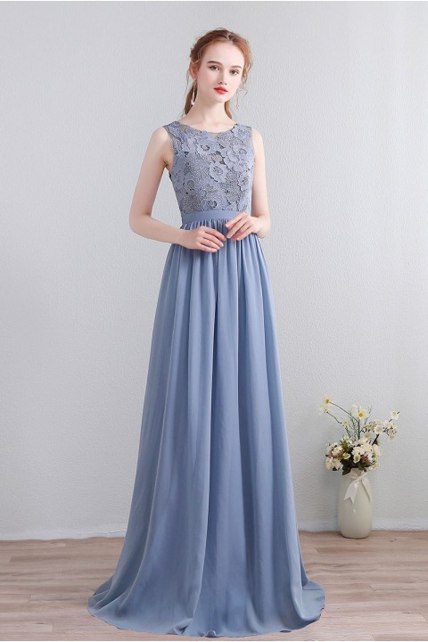 Lace Upper Bodice Illusion Scoop Neck Chiffon Bridesmaid Dress Sleeveless