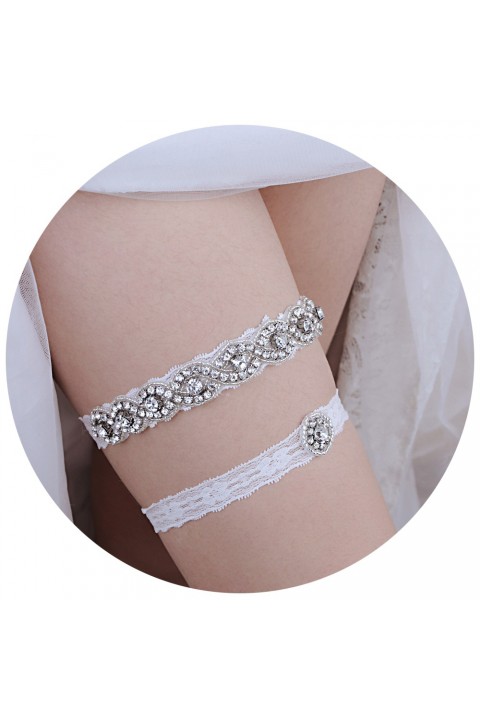 Crystal Decor Lace Elastic Bridal Garter Set