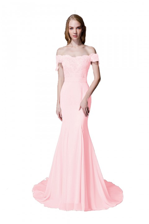 Elegant Mermaid Off Shoulder Chiffon Lace Straight Bridesmaid Dress with Train