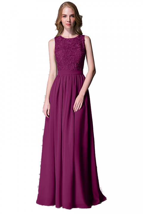 Lace Upper Bodice Illusion Scoop Neck Chiffon Bridesmaid Dress Sleeveless