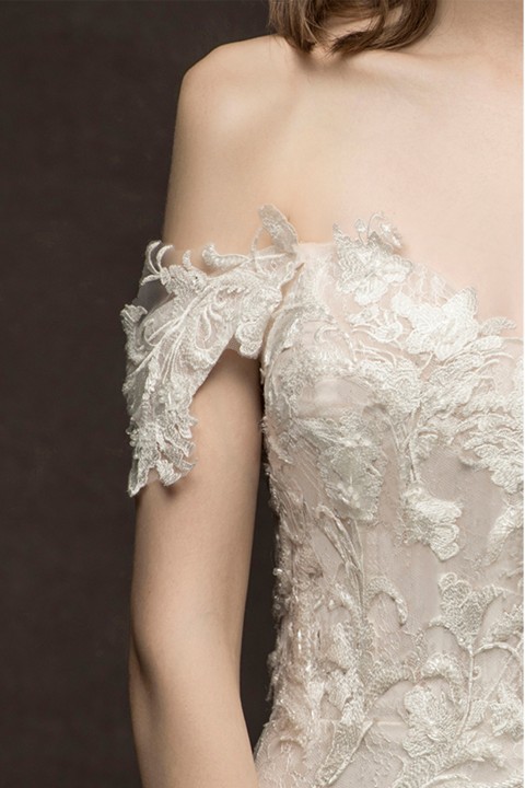 Off Shoulder Corset Back Lace Applique Mermaid Wedding Dress
