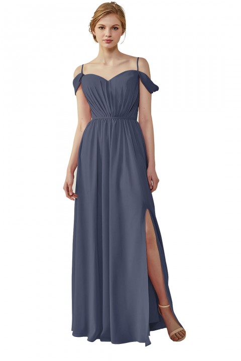 A-Line Cold Shoulder Spaghetti Straps Chiffon Bridesmaid Dress with Side Slit