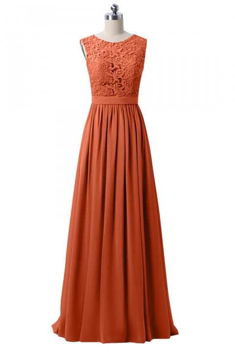 Lace Scoop Illusion Back A-Line Chiffon Bridesmaid Dress Long