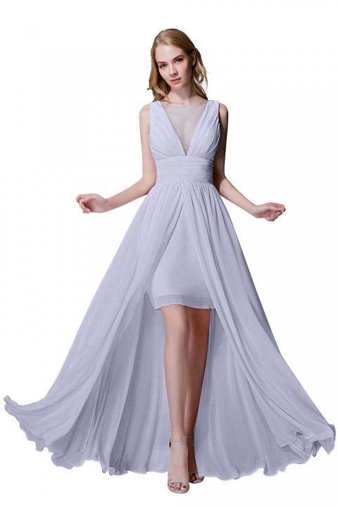 Plunging Illusion Tulle Scoop Neck High Slit Chiffon Bridesmaid Dress