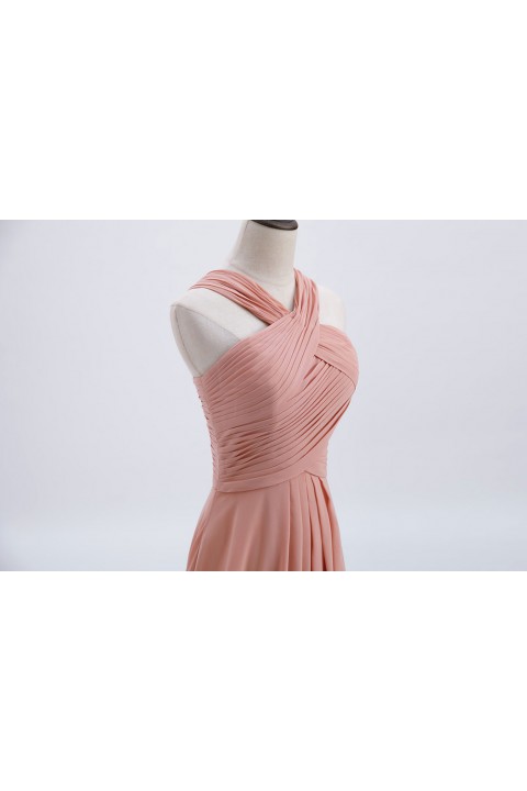 Chic Criss-cross Halter Pleated Chiffon Bridesmaid Dress Long