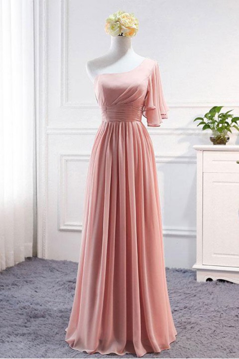 Asymmetrical Flutter Sleeve One Shoulder Corset Bridesmaid Dress Long