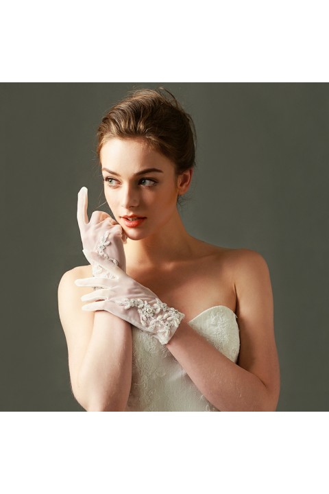 White Lace Flower Shape Decor Beaded Thin Tulle Bridal Gloves