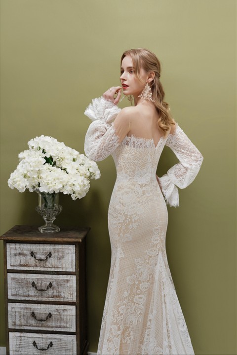 Off Shoulder Long Sleeve Lace Mermaid Wedding Dress with Train