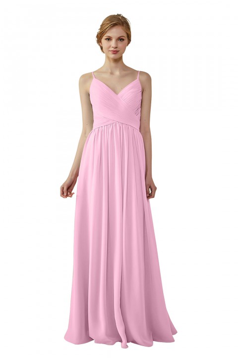 Spaghetti Straps Pleated Low V Back Bridesmaid Dress