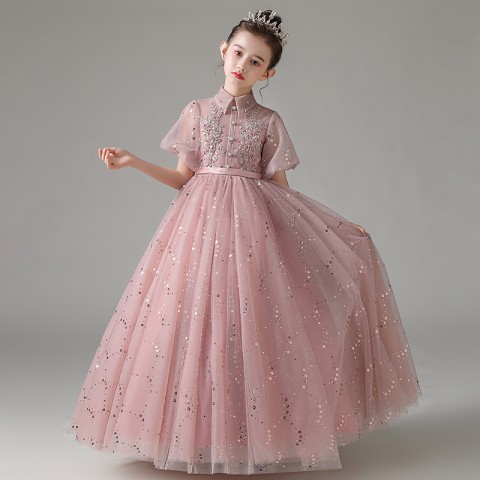 Stand Collar Short Sleeve Sequins&Beads Decor Tulle Skirt Girls Pageant Dresses