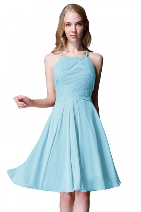 Elegant Halter Tea Length Pleated Chiffon Bridesmaid Dress with Tie Back