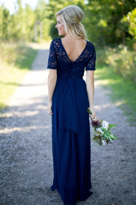 Lace Scoop V Back Short Sleeve Long Bridesmaid Dress with Sequins