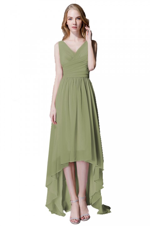 Romantic High-Low V-Neck Chiffon Ruched Bridesmaid Dress