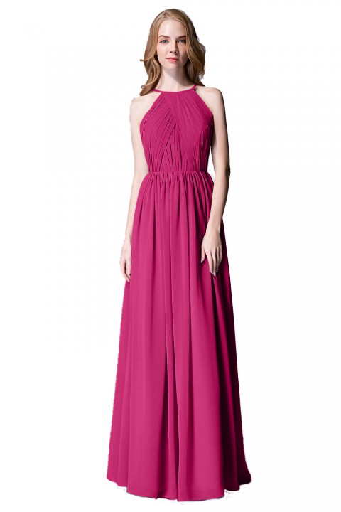 Pleated A-Line Halter Spaghetti-Straps Back Chiffon Bridesmaid Dress