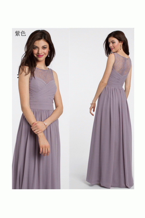 Round Neck High Waist Pleated Skirt Chiffon Bridesmaid Dress