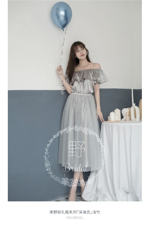 Silver Off Shoulder Flounce High Waist Luxe Satin Bridesmaid Dress