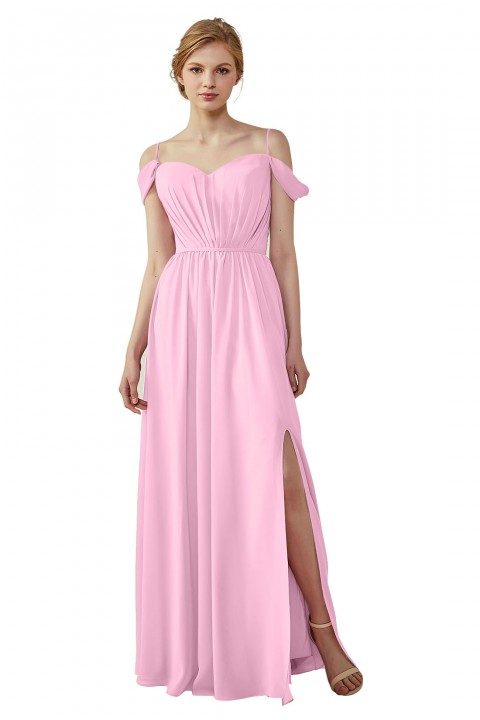 A-Line Cold Shoulder Spaghetti Straps Chiffon Bridesmaid Dress with Side Slit