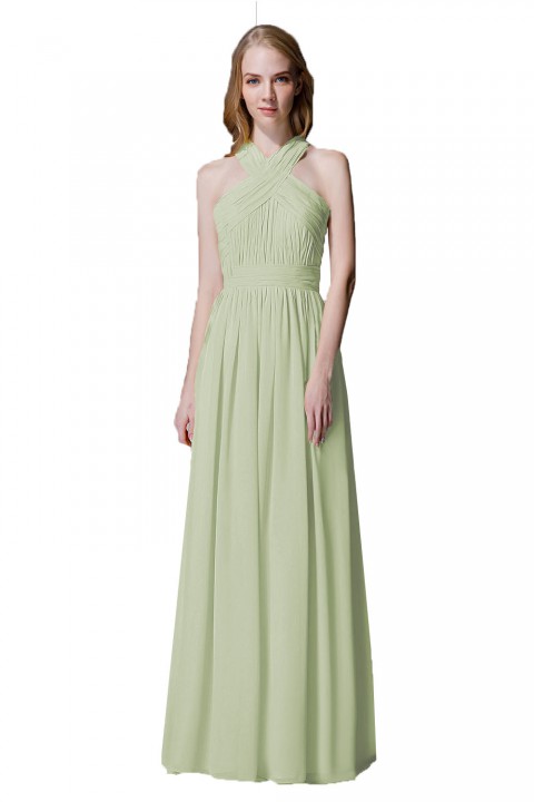 Criss-cross Halter Pleated Chiffon Bridesmaid Dress with Cross-straps Back